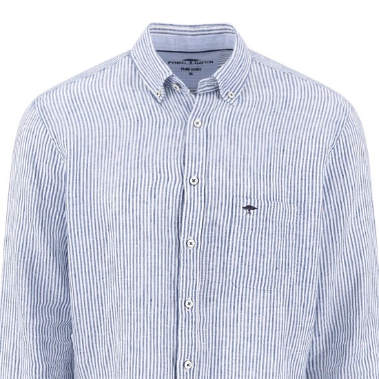 FYNCH HATTON ΠΟΥΚΑΜΙΣΟ BUTTON DOWN ΛΙΝΟ ΡΙΓΕ ΛΕΥΚΟ-ΜΠΛΕ