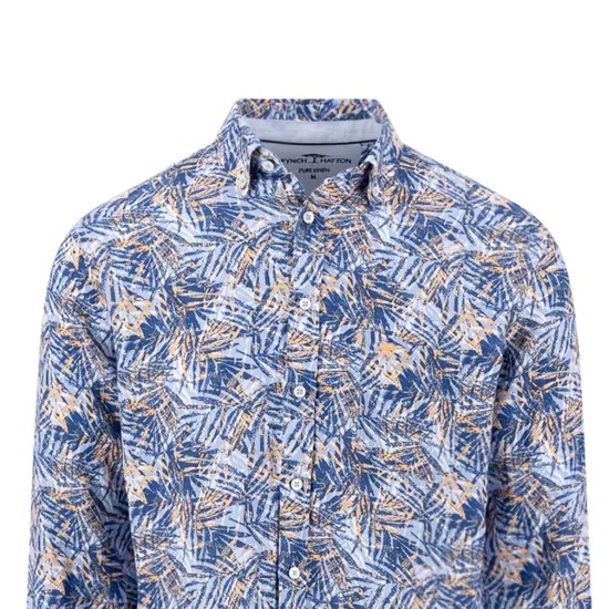 FYNCH-HATTON ΠΟΥΚΑΜΙΣΟ ΛΙΝΟ BUTTON DOWN ALLOVER PRINT ΜΠΛΕ