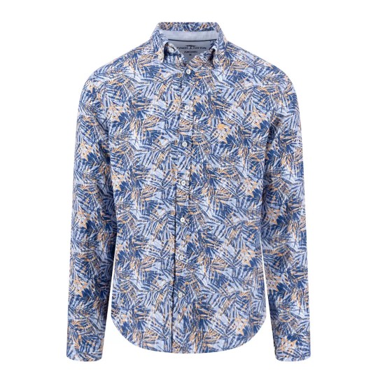 FYNCH-HATTON ΠΟΥΚΑΜΙΣΟ ΛΙΝΟ BUTTON DOWN ALLOVER PRINT ΜΠΛΕ