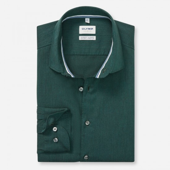 OLYMP LEVEL 5 ΠΟΥΚΑΜΙΣΟ BODY FIT GARMENT WASHED ΣΚΟΥΡΟ ΠΡΑΣΙΝΟ