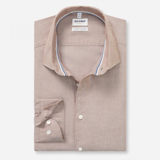 OLYMP LEVEL 5 ΠΟΥΚΑΜΙΣΟ BODY FIT GARMENT WASHED ΑΝΟΙΧΤΟ ΚΑΦΕ