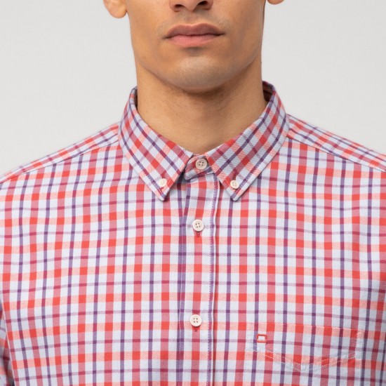 OLYMP ΠΟΥΚΑΜΙΣΟ BUTTON DOWN REGULAR FIT ΚΑΡΟ ΜΠΛΕ-ΚΟΚΚΙΝΟ